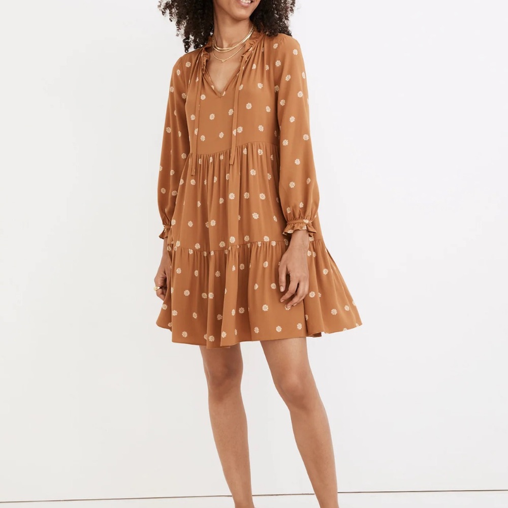 Madewell Tie-Neck Tiered Mini Dress Bloom Dot • Warm Hickory • Medium